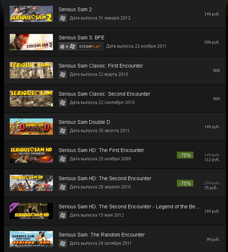 Цифровая дистрибуция - Скидка 75% на Serious Sam Complete Pack в Steam